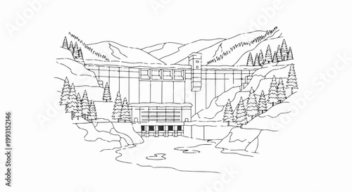 Massive concrete dam with trees and mountains in background