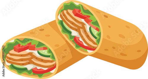 Deliciously prepared chicken shawarma wrap sliced in half to reveal fresh ingredients like lettuce tomato and cucumber presented in a flat isometric vector illustration against a clean