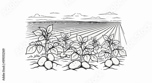 Line art drawing of a potato field with plants and tubers under a cloudy sky