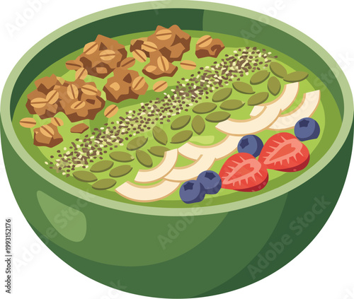 Vibrant isometric view of a healthy green smoothie bowl packed with fresh fruits granola seeds and nuts presented in a stylish deep green bowl symbolizing nutritious breakfast and wholesome