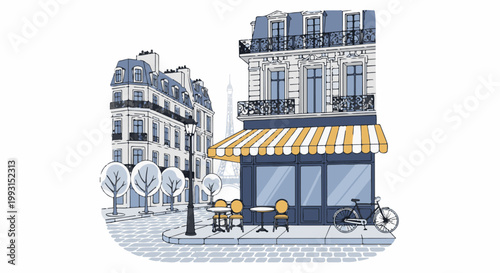 Parisian cafe on street corner with Eiffel Tower background