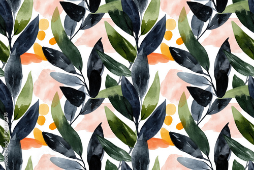 Abstract Foliage Pattern: An artistic pattern featuring watercolor leaves in various shades of green and navy, interspersed with soft orange and pink shapes, creating a modern, nature-inspired design.