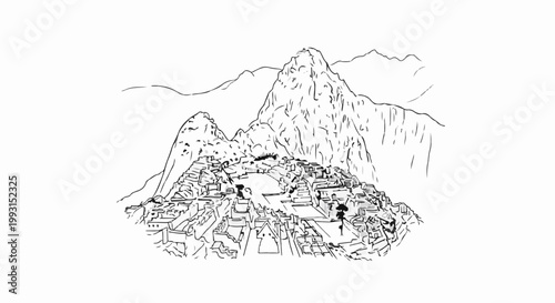 Ink sketch of ancient ruins nestled among mountains under a cloudy sky