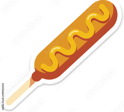 Stylized flat design illustration of a corn dog on a stick generously drizzled with yellow mustard in a zigzag pattern presented as a clean sticker graphic with a white border and subtle