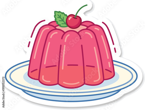 Vibrant pink jelly dessert with cherry and mint leaf topping served on a classic blue and white plate presented in a flat sticker style with bold outlines and subtle shading for a playful