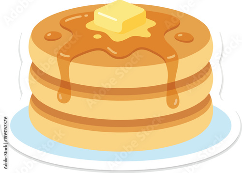 Deliciously stacked golden brown pancakes drizzled with sweet syrup and topped with a melting cube of butter presented in a vibrant flat graphic sticker style with a clean white background