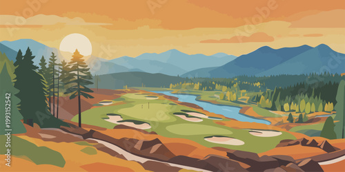 Golf Course Landscape at Sunset with Mountains and River