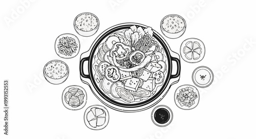 Overhead view of a sketched meal with a central pot and surrounding small dishes