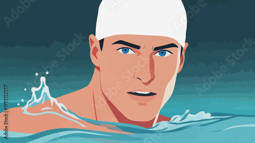 Male Swimmer in Cap in Swimming Pool