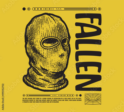 Vector illustration Streetwear of teal knitted balaclava masks  for T-Shirt design with slogan and distortion artwork