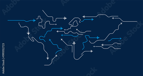 Bild auf Leinwand Flying airplanes abstract world map business vector background - flying white ai