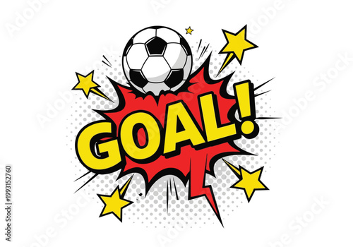 Comic book style goal illustration with soccer ball and stars