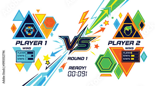 Competitive esports game screen showing two players with futuristic logos and vibrant lightning effects