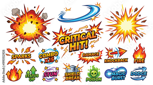Colorful comic book style explosion effects with action words like critical hit and fire in vibrant cartoon design
