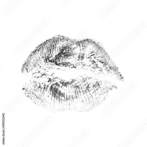 Y2K Halftone collage stamp of Lips kiss mimicking print grain spray photocopy texture. Retro stippling noise 2000s grunge tattoo effect poster vintage. Vector risograph Isolated transparent background