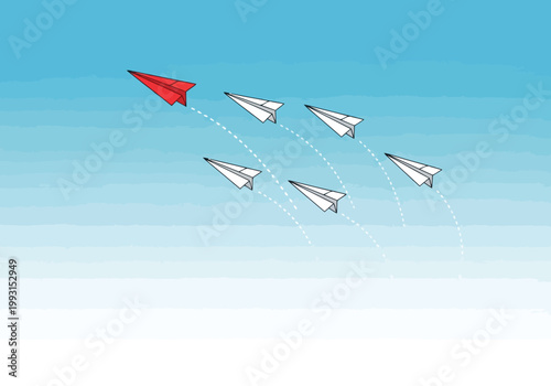 Red paper plane leading white paper planes in blue sky, leadership and uniqueness concept