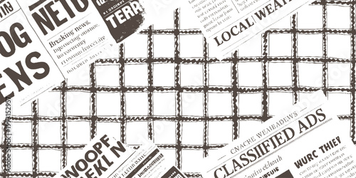Vintage newspaper clippings with bold headlines and grid pattern overlay text
