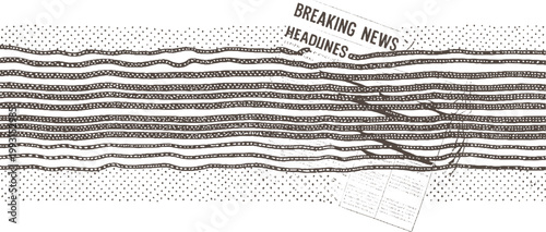 Newspaper headlines breaking news over abstract layered geological strata with dotted patterns