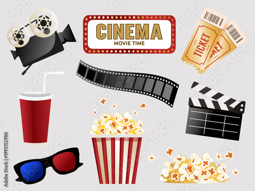 Set of movie theater elements: popcorn, film reel, soda, tickets, 3D glasses, projector, clapperboard. Movie time. Vector images. Isolated