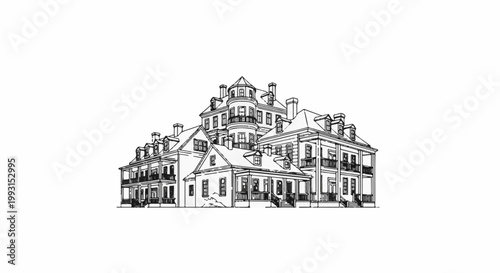 Elaborate vintage mansion with multiple stories, balconies, and turrets