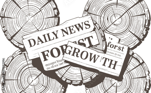 Wood grain circles overlaid with torn newspaper headlines about growth and daily news rings tree