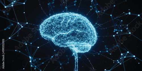 Glowing blue brain with neural networks and connections on black background