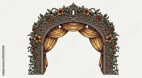 Ornate archway draped with golden curtains and floral embellishments