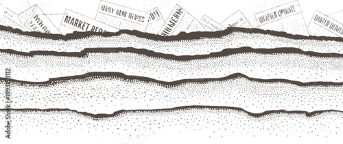 Torn newspaper headlines about market reports and weather updates layered over textured abstract landscape