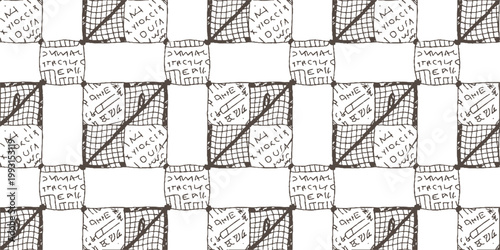 Hand drawn checkerboard pattern with abstract scribbled text and grid textures