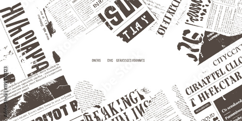 Scattered vintage newspaper clippings with bold headlines and text fragments print
