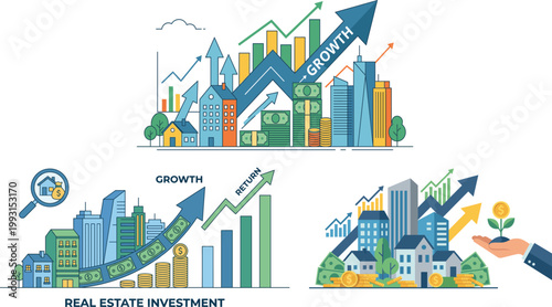 Real estate investment growth flat design vector illustration for business finance marketing use