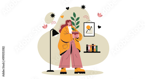 Vector illustration of woman holding cat, cozy home decor, pink and yellow hues, lifestyle icon