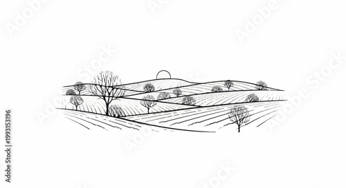 Stylized sketch of rolling hills with trees and a setting sun