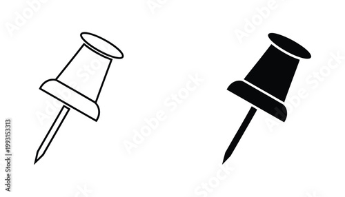 Push pin icon set for office planning and map markers in outline and solid black design styles