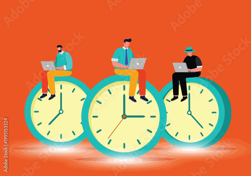 Business people working on laptops sitting on large clocks, time management and remote work concept
