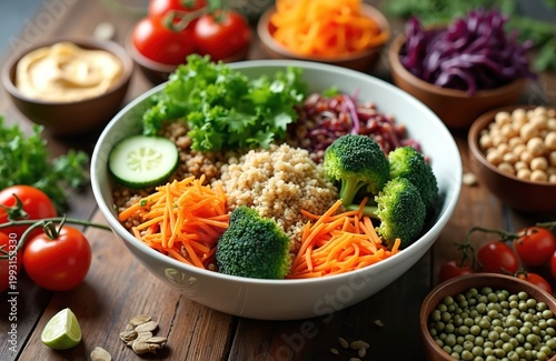 Bowl of quinoa with broccoli, carrots, lettuce, and cucumber. Fresh tomatoes, cabbage, and seeds surround the healthy vegan meal. This nutritious dish is perfect for lunch or dinner.