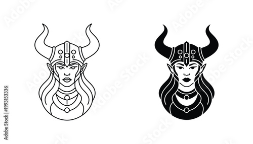 Valkyrie female viking warrior icon set with horned helmet in outline and solid black style for fantasy art