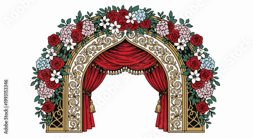 Ornate archway adorned with lush red roses, hydrangeas, and delicate white flowers
