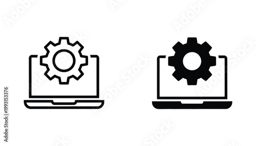 Laptop with gear icon set for technical support and software settings in outline and solid black design