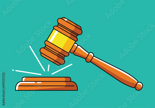 Wooden judge gavel with sound block on a teal background