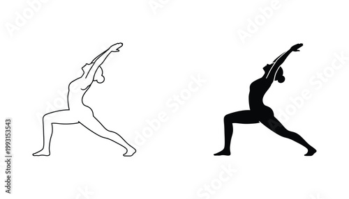 Woman silhouette in warrior pose yoga exercise for fitness and wellness design in vector format