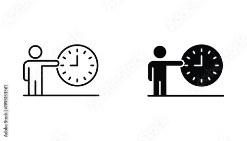 Person pointing at wall clock icon representing time management and deadline tracking in vector format