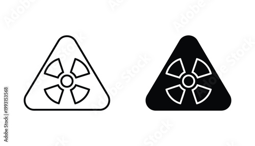 Nuclear radiation warning sign in black and white minimalist vector style with outline and solid fill variations for safety and hazard identification in technical documentation and industrial signage