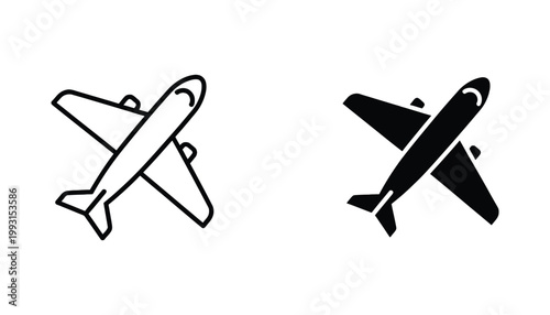 Airplane flying icon set viewed from above in thin line and solid black styles for aviation graphics