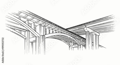 Detailed line drawing of a multi-level concrete and steel overpass, viewed from below