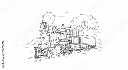 A vintage steam engine locomotive travels along railroad tracks