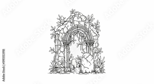 Ancient stone archway, overgrown with vines, leads to an unknown pathway