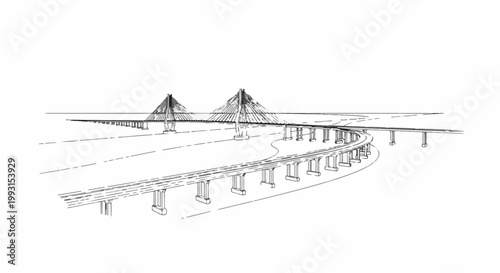 Detailed sketch of a modern suspension bridge and overpass