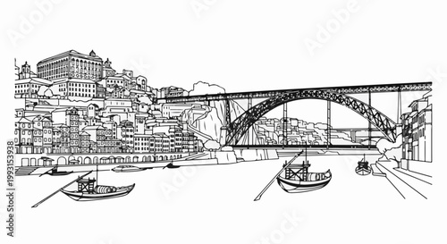 Sketch of a river, arched bridge, and old city buildings with boats