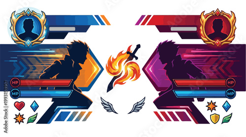 Competitive esports gaming team split into two sides with futuristic digital interface and fiery central emblem